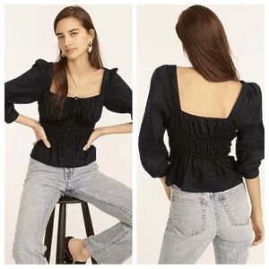 J Crew 🖤 Cinched Waist Top in Herringbone Cotton Black Size 8